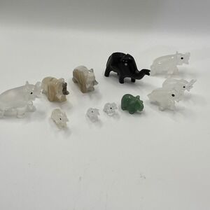 Lot of 11 Stone Elephant Figurines Crystal Gemstone Carved Elephants